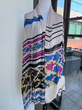 Mi Cream Scarf with Blue, Pink, Black and Tan Pattern